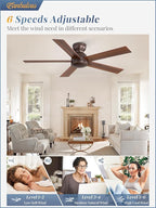 48 Inch Low Profile Ceiling Fan without Lights, Brown Farmhouse Ceiling Fan no Light, 6-Speeds, Quiet Reversible DC Motor, Indoor/Outdoor Ceiling Fans with Remote for Patio, Living Room, Bedroom