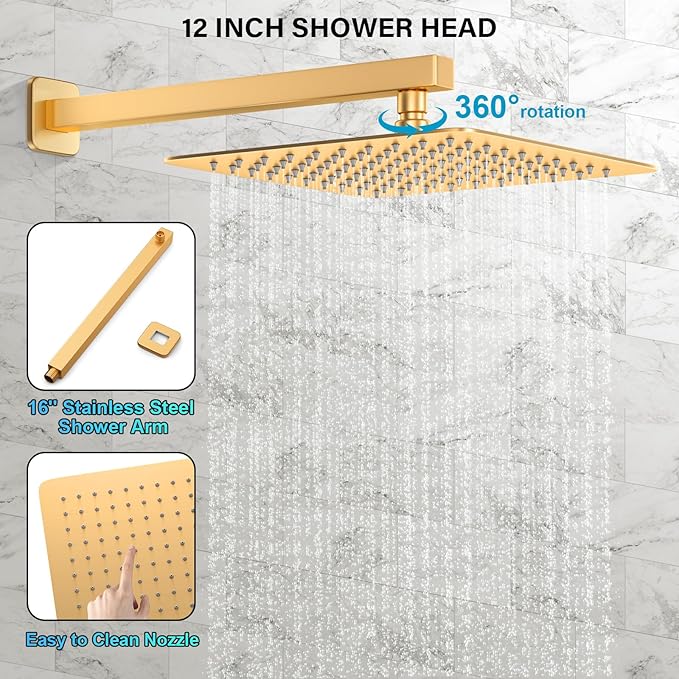 Gold Shower Faucet Set, Rainfall Shower System with Rain Shower Head and Handle Set, Wall Mounted Shower Fixtures, Full Metal Trim Repair Kit 12 inch Paint Gold (With Shower Valve)