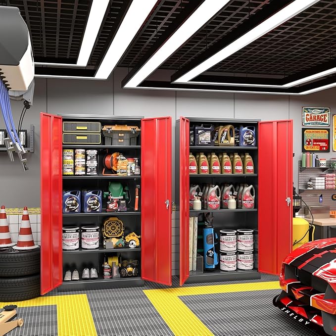 Greenvelly Metal Garage Storage Cabinet, 72" Black Red Tool Steel Locking Cabinets with Doors and 4 Shelves, Tall Cabinets for Garage Storage Systems Lockable File Cabinet for Home Office,Garage