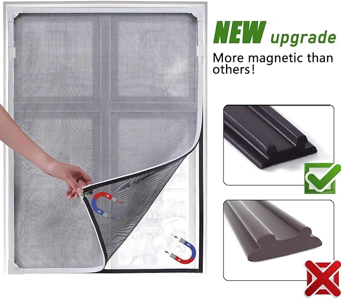 DIY Magnetic Window Screen Replacement Adjustable Mesh Screen with Magnets Fits 72"Hx48"W Black Frames with Grey Fiberglass Screen