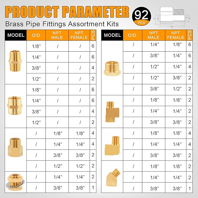 92PCS Brass Pipe Fittings Assortment Kit NPT Adapter,Hex Nipple,Reducer Bushing,Hex Coupling,90 Degree & 45 Degree Barstock Street Elbow,Street Tee,Bulk Head Fittings Kits