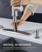 FORIOUS Kitchen Faucet with Soap Dispenser, Brushed Nickel, Single Handle Stainless Steel Transitional Sink Faucet with Pull Down Sprayer 1 or 3 Hole, Suitable for Farmhouse Laundry Camper RV Bar