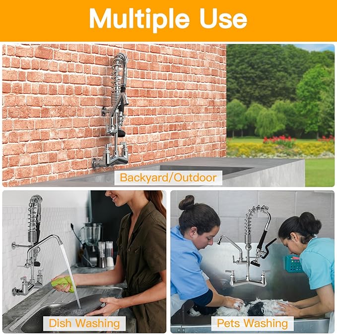 Commercial Sink Faucet with Sprayer 21" Height 8"Center Brass Constructed Wall Mount Commercial Kitchen Faucet with Pull Down Pre-Rinse Sprayer and 8" Swing Spout for 1/2 Compartment Sink（21"）