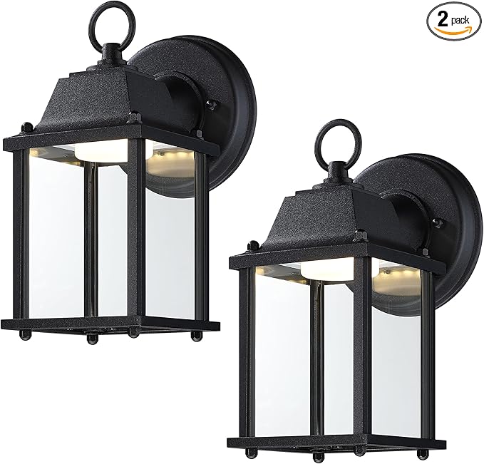 LIT-PaTH Outdoor LED Wall Lantern, Wall Sconce Exterior Porch Lighting Fixture, 3000K Warm White, 9.5W 800 Lumen, Aluminum Housing Plus Glass, Black Finish, 2-Pack