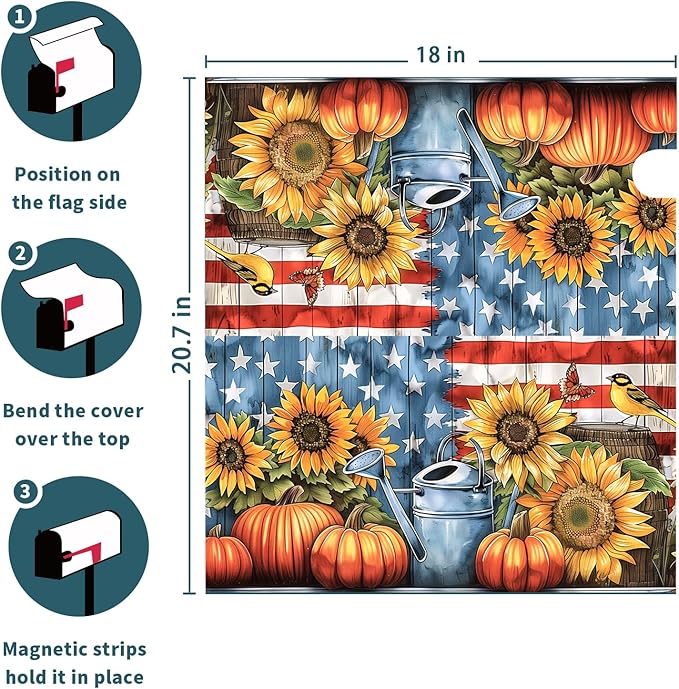 Kawani Fall Mailbox Cover - Autumn Pumpkin Sunflower America Flag Patriotic - Magnetic Standard Size 21x18 Inch Rustic Waterproof Post Box Wrap for Garden Yard Home Decor