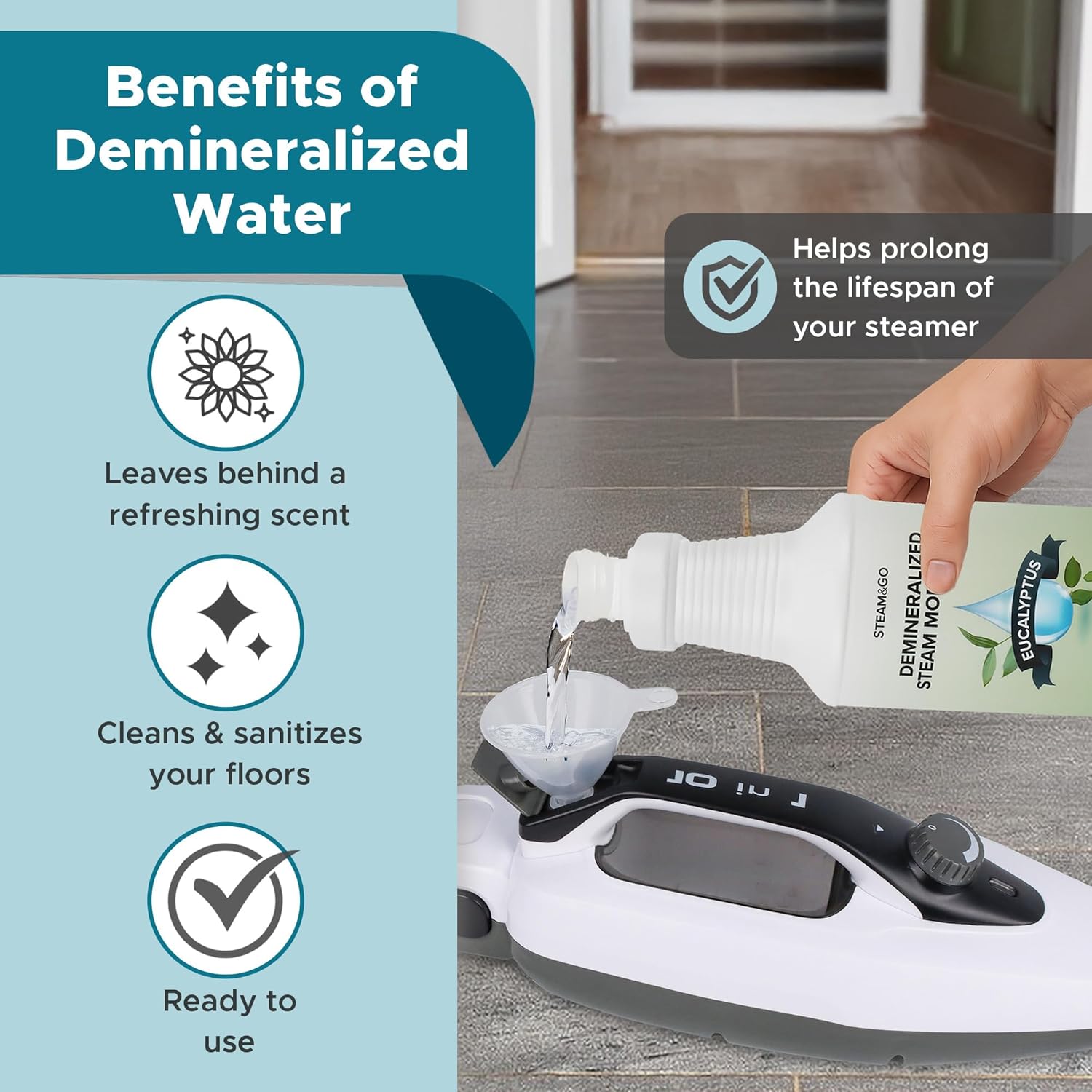 Steam and Go Demineralized Water - Multi-Surface Cleaning Solution for Steam Mop, Ready-to-Use Floor Cleaner, Ideal for Home & Office, Compatible w/Any Steam Mop - Eucalyptus Mint, 32oz, Pack of 12