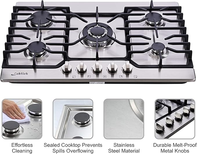 30-inch 5-Burner Built-in Gas Cooktop with Stainless Steel & Cast Iron Grates - LW5S01A (LPG/NG Convertible)