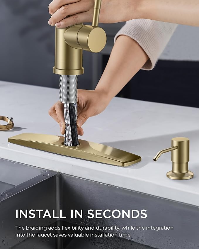 FORIOUS Gold Kitchen Faucet with Soap Dispenser, Single Handle Stainless Steel Transitional Sink Faucet with Pull Down Sprayer 1 or 3 Hole, Suitable for Farmhouse Laundry Camper RV Bar