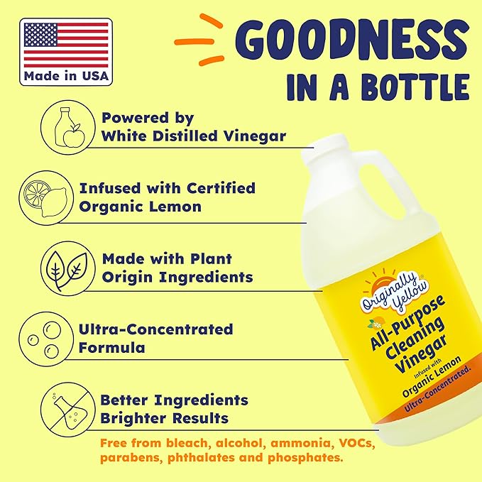 Originally Yellow Lemon Distilled White Vinegar For Cleaning Purpose | USA Made All Purpose Cleaner | Use as Glass, Kitchen & Floor Cleaner | Plant Derived Cleaning Vinegar Gallon in 2 pack | 128 Oz