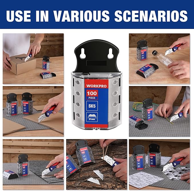 WORKPRO 200-Pack Utility Knife Blades with Dispenser, SK5 Steel Box Cutter, Standard Blades for Utility Knife Replacement