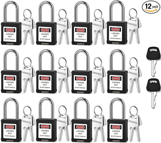 Lockout Tagout Locks with 2 Master Keys｜12-Pack Black OSHA Loto Lock｜Keyed Different & Laser Coding｜Lock Out Padlock Kits for Machinery & Electrical Panels