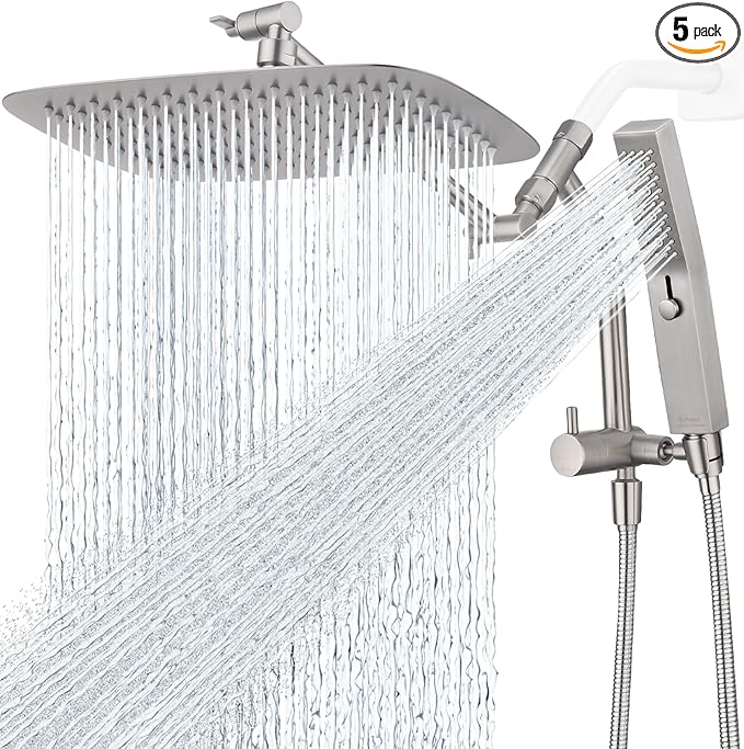 G-Promise All Metal 12 Inch Shower Head with Massage Mode Handheld, Rain Shower Head with Handheld Spray Combo, 3-Way Diverter with Pause Setting, 11 Inch Adjustable Extension Arm (Brushed Nickel)