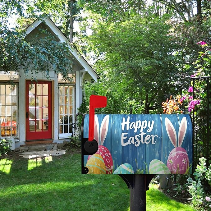 Easter Bunny Mailbox Cover Magnetic Standard Size 21 x 18 Rabbit Colorful Eggs Mailbox Covers Wraps Blue Spring Post Letter Box Cover for Home Garden Yard Decor