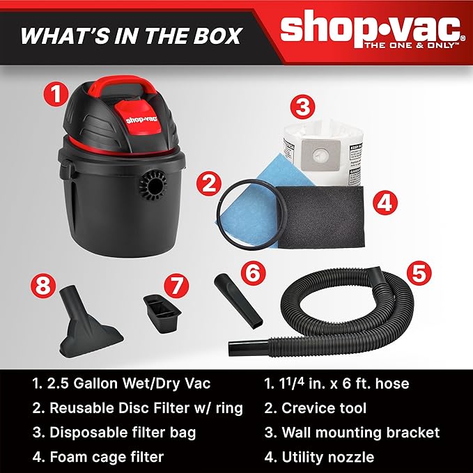 Shop-Vac 9303511 2.5 Gallon Wet Dry Vacuum, 2.5 Peak HP, 1.25 Inch Diameter x 4 Foot Hose, 12 Ft Cord Length, Wall Mounted, Includes Filters, Ideal for Jobsite, Garage, Car & Workshop