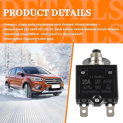 HUWREW 20 Amp Push Button Circuit Breaker 125-250V AC 50V DC L1 Series Manual Reset Thermal Circuit Breaker 20A Thermal Overload Protector
