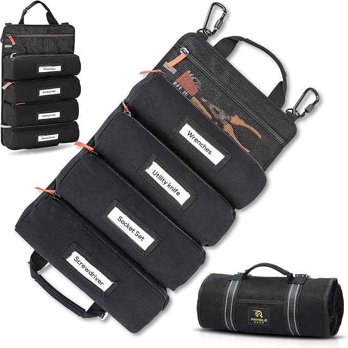 Roll up tool bag organizer with Carabiners - 4 Large Oversized Pockets with Labels-Tool roll bag organizer - Canvas foldable tool Bag organizer | Tool organizer bag for Mechanic, Electrician & more