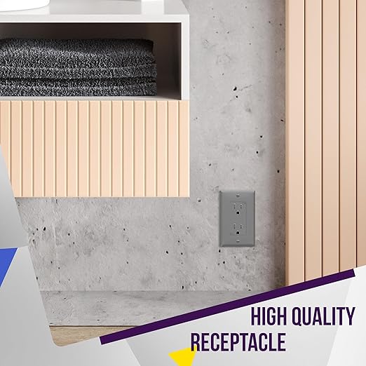 ENERLITES, Gray Decorator Receptacle Outlet, Tamper-Resistant, Residential Grade, 3-Wire, Self-Grounding, 2-Pole, 15A 125V, UL Listed, 61501-TR-GY