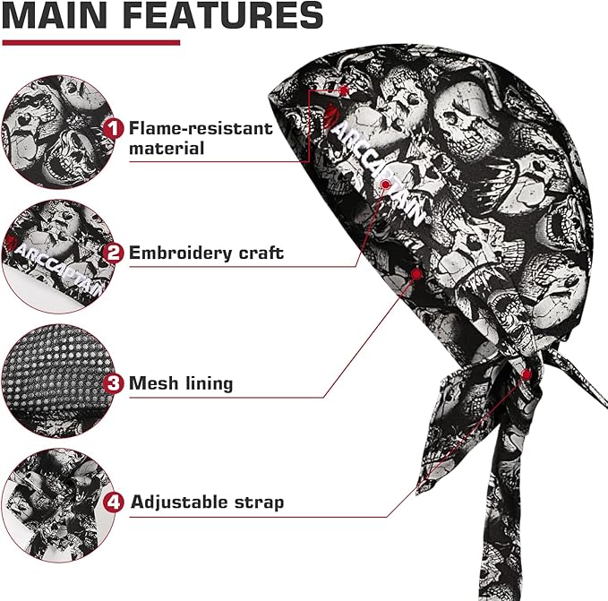 ARCCAPTAIN 2PC Welding Doo Rag, Welding Cap, Protective Welders Cap, Welding Hats for Men, Fireproof Cotton and Durable for Safety, Skull, XL Size