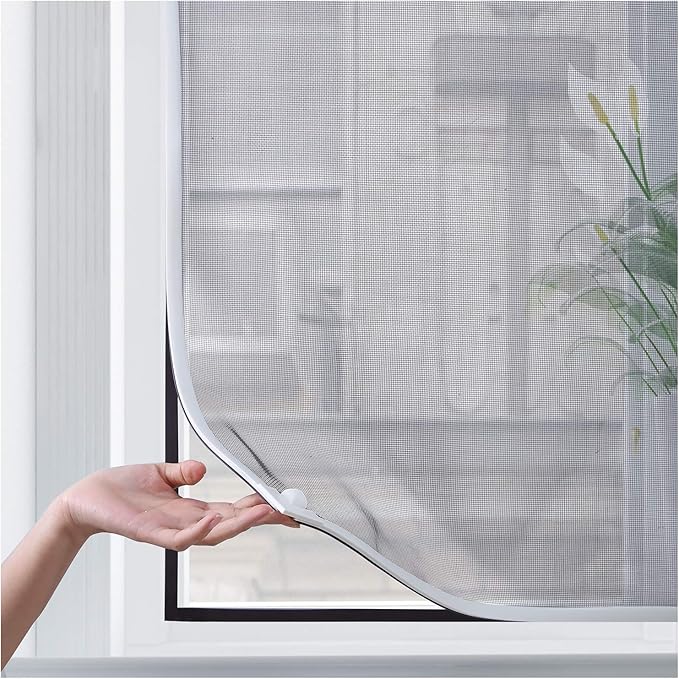 DIY Magnetic Window Screen Replacement Adjustable Mesh Screen 55"H*36"W with Magnets Fits Any Size White Frames with Grey Fiberglass Screen