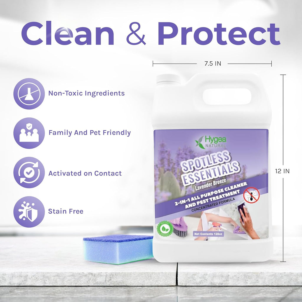 Hygea Natural Spotless Essentials - Concentrated Multi-Surface Cleaner for Home & Kitchen - Eliminates Dust Mites, Bed Bugs, Ants, Lice - Child & Pet Friendly - 128oz (Lavender Breeze Scent)
