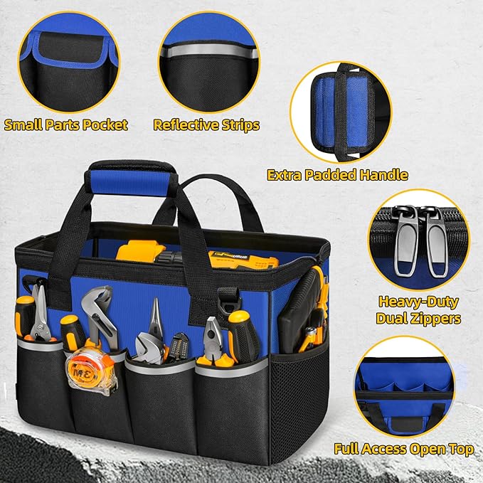Tool Bag, Portable Tool Box Organizer Adjustable Shoulder Strap, Carry Tool Tote Heavy Duty Tool Storage Bag With Wide Mouth,Tool Bags for Men Mechanic EngineerGift - L, Blue & Black