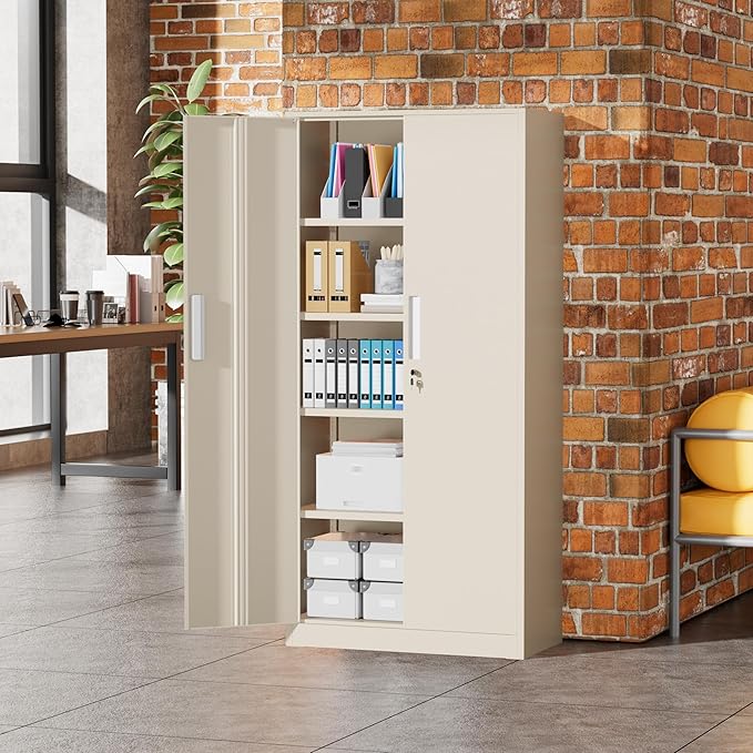 Greenvelly Metal Storage Cabinets, 72” Steel Garage Storage Cabinet with Doors and 4 Shelves, Metal Tool Cabinet, Steel Filing Cabinet for Home Office, Basement, Garage, School(Grey)