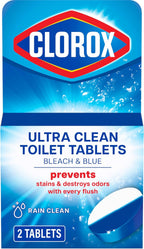 Clorox Ultra Clean Toilet Tablets Bleach & Blue, Rain Clean Scent 2.47 Ounces Each, 2 Count (Package May Vary)