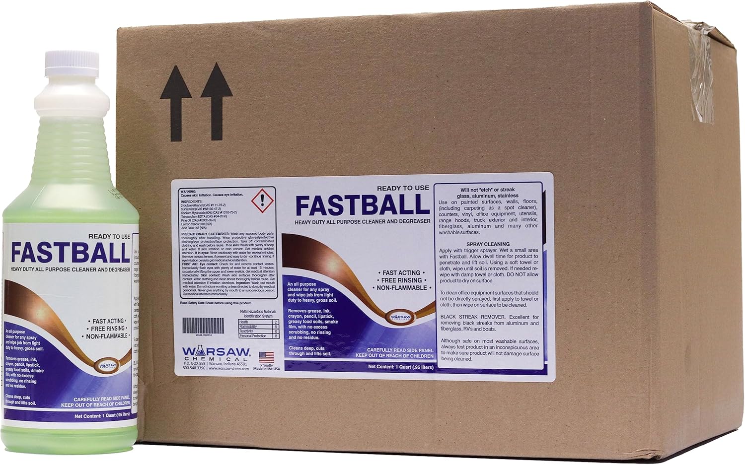 Warsaw Fastball Heavy Duty Industrial Degreaser & All Purpose Cleaner, Pine Scent, Biodegradable, Alcohol Free, Fast Acting, Multi-Surface, 1 Quart, Concentrated Liquid, Industrial Cleaning Agent