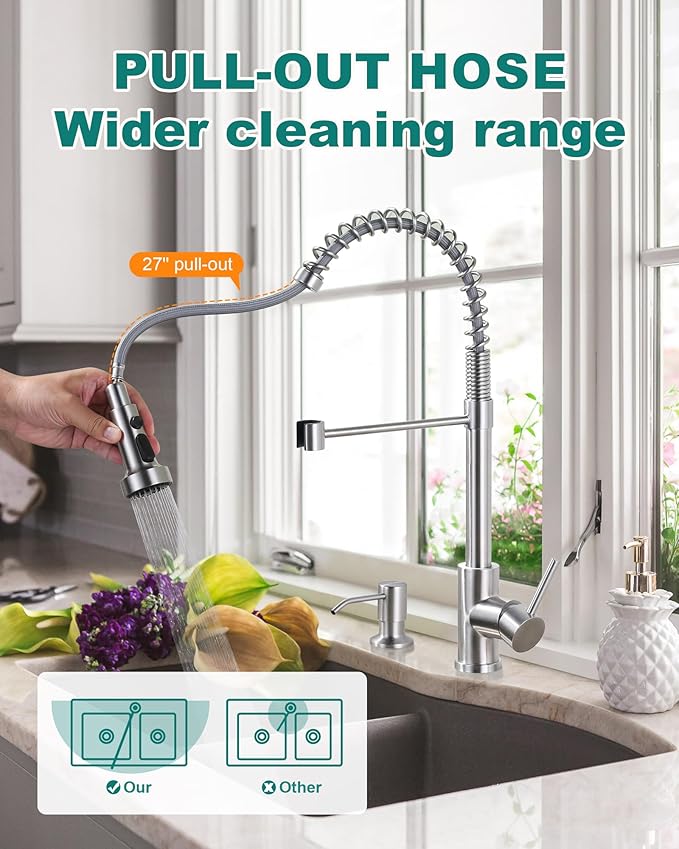 Brushed Nickel Kitchen Sink Faucet: Stainless Steel Kitchen Faucets with Soap Dispenser - 3-Function Single Handle Kitchen Faucets with Pull Down Sprayer for Farmhouse RV Laundry