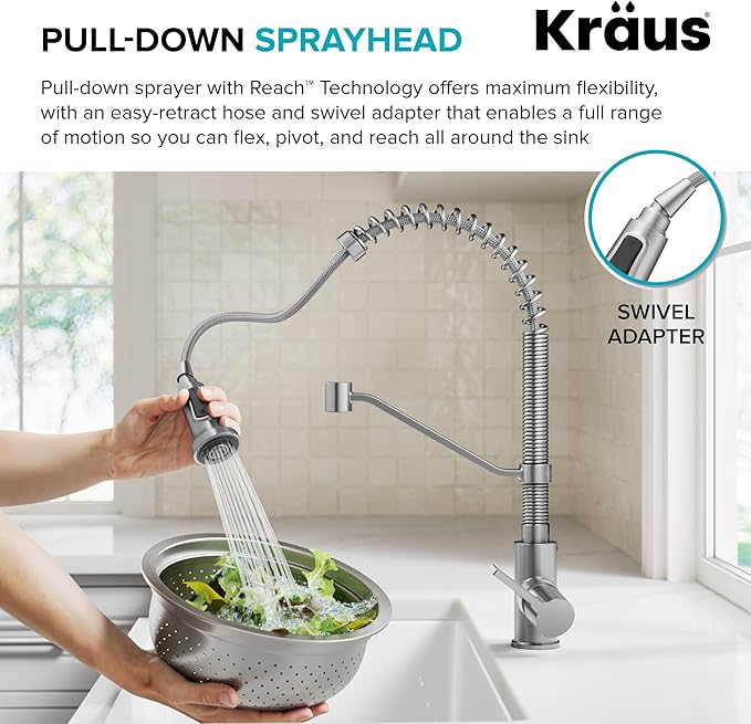 KRAUS Britt Commercial Style 2-Function Single Handle Pull Down Kitchen Faucet in Spot-Free Stainless Steel, KPF-1693SFS