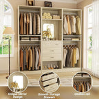 Unikito 75” Closet System with 4 Drawers, 6.3FT Wood Walk in Closet Organizer with Hanging Rods and Mirror, Reversible Large Closet Wardrobe with Shelves, Max Load 2000 LBS, White Oak