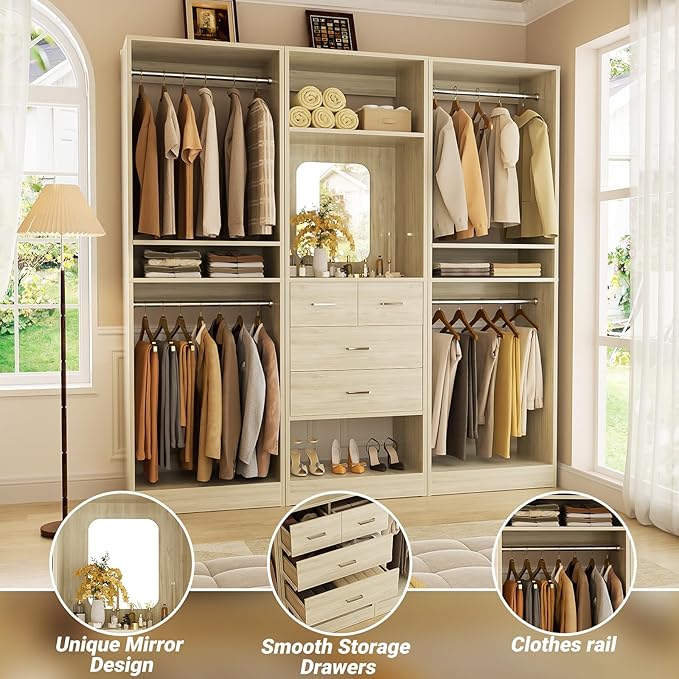 Unikito 75” Closet System with 4 Drawers, 6.3FT Wood Walk in Closet Organizer with Hanging Rods and Mirror, Reversible Large Closet Wardrobe with Shelves, Max Load 2000 LBS, White Oak