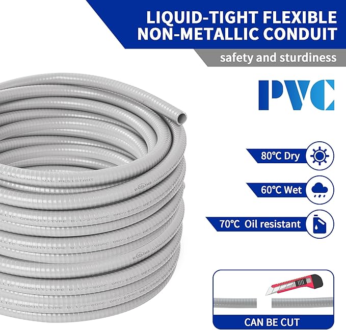 (1/2" Dia * 100 Feet) Yariwiz Flexible Electrical Conduit Liquid Tight PVC Conduit Kit with 5 PCS Coupling, 3 PCS Elbow and 10 PCS Strap, Sealtight Seal Flex Liquidtight Wire Outdoor Non Metallic Grey