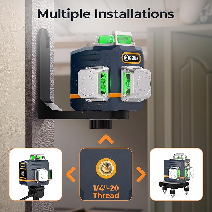 CIGMAN Laser Level Self Leveling 3x360° 3D Green Cross Line for Construction and Picture Hanging, Rechargeable battery, Remote Controller, Magnetic Rotating Stand Included