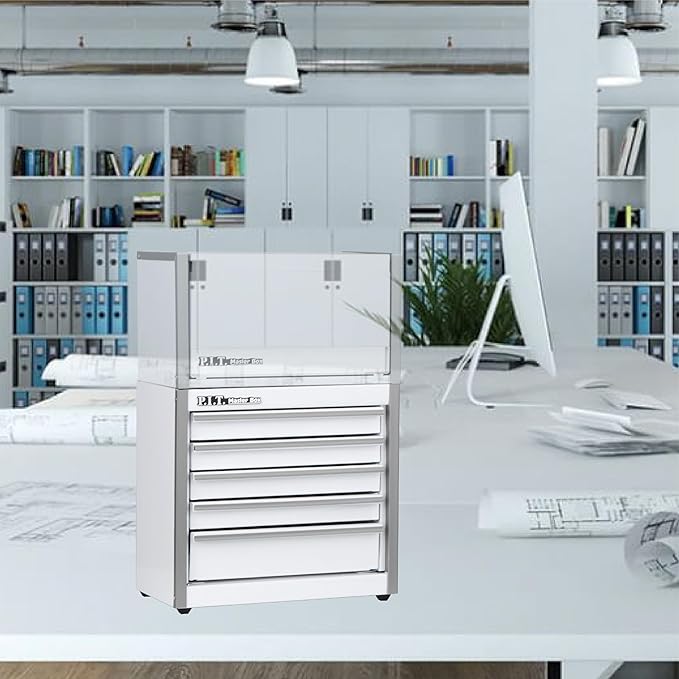 P.I.T. Mini White Tool Box, Portable 5-Drawer Micro Roll Cab Steel Stackable Tool Box with Liner, White Small Tool Case for Tools Storage and Organizers, Home DIY