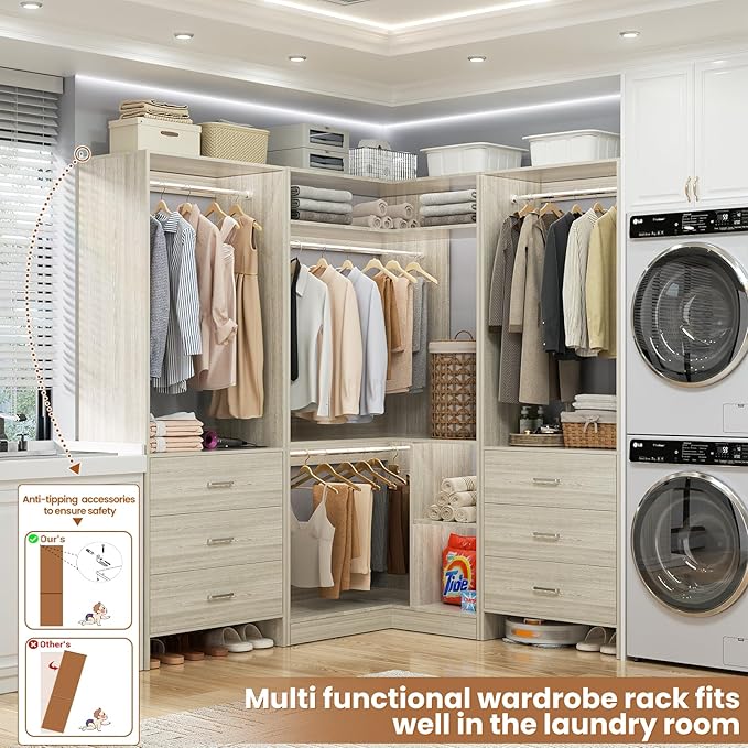 Aheaplus Closet System with 6 Drawers, 4 Hanging Rods & Corner Tower, Corner Closet System with Hanging,80.9" L-Shaped Walk-In Wardrobe Organizer, 2000+ lbs Capacity, Set of 3, White Oak