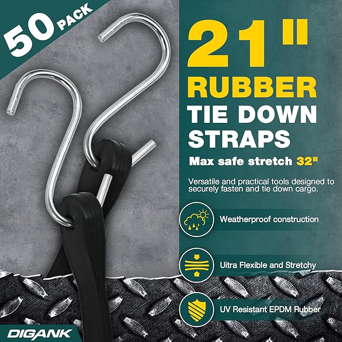 Bungee Cords with Hooks 21" 50 Pack, Heavy Long Duty Rubber Tarp Straps with Crimped S Hooks for Securing Cargo, Tarps in Extreme Weather, Max Stretch 1.5X & Max Load Capacity 185 LBS