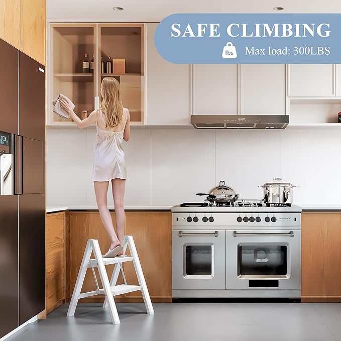 GameGem 2 Step Ladder, Folding Step Stool with Wider Pedal, Anti-Slip Feet & Non Slip Stripes, Aluminum Sturdy Material, 300Lbs Capacity, Elegant Look of Modern White Better Matches Your Home