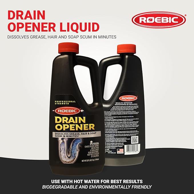 Roebic Liquid Drain Cleaner, Kitchen Sink Grease and Pipe Clog Remover, Professional Strength, 32 fl oz (1 Quart)
