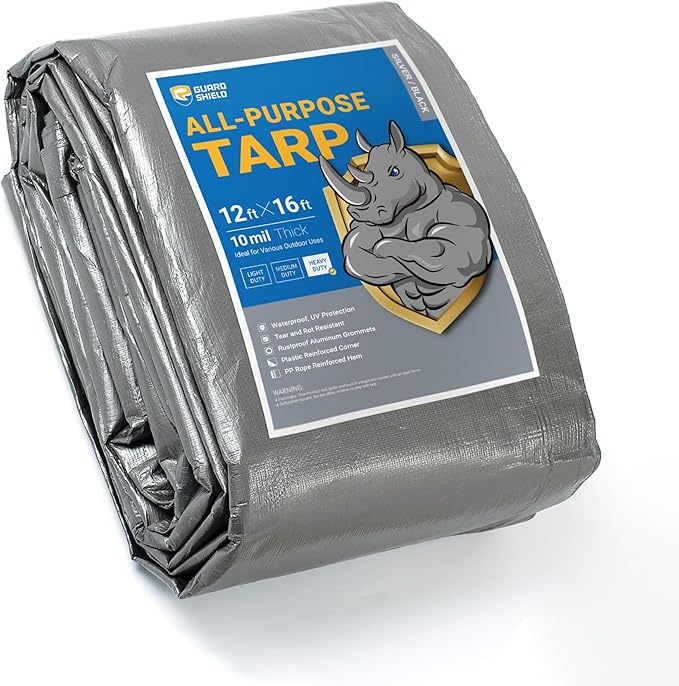 GUARD SHIELD Heavy Duty Tarp 12x16 Feet Silver/Black Multi Purpose Thick Waterproof Poly Tarp Cover 10mil
