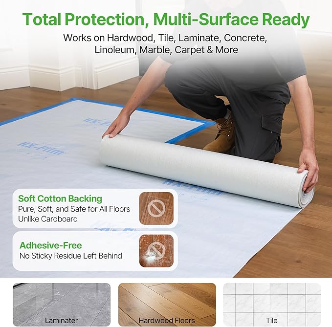39"x100' Heavy-Duty Floor Protection | Construction Grade Carpet Protector | Drop Cloth Plastic Film for Hardwood Floors | Waterproof Painters Covering with No Residue(Ice Blue)