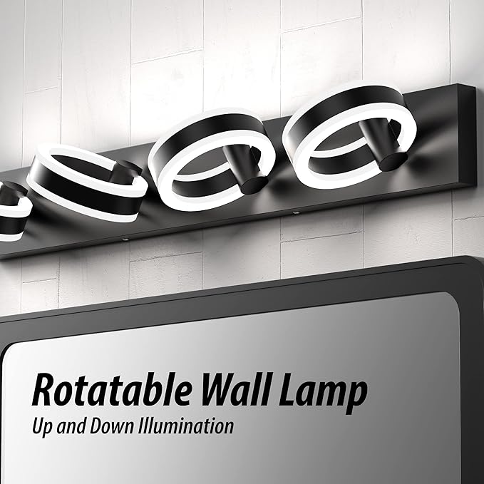 LED Bathroom Light Fixtures, 33inch Black Vanity Lights, Modern 4 Light Acrylic Wall Sconces, 350° Rotatable Wall Lighting Fixture Over Mirror