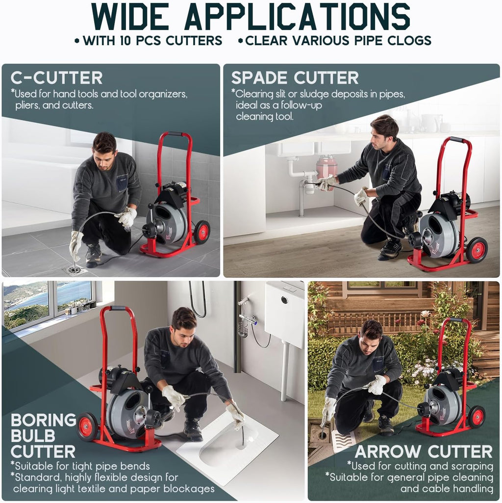 Albott 100 FT x 1/2 inch Electric Drain Cleaner Machine with Auto-Feed & 10 Cutters, Sewer Snake Auger for 1–4 Inch Pipes, Foot Switch & Wheels, Ideal for Home & Commercial Use, Gray/Red