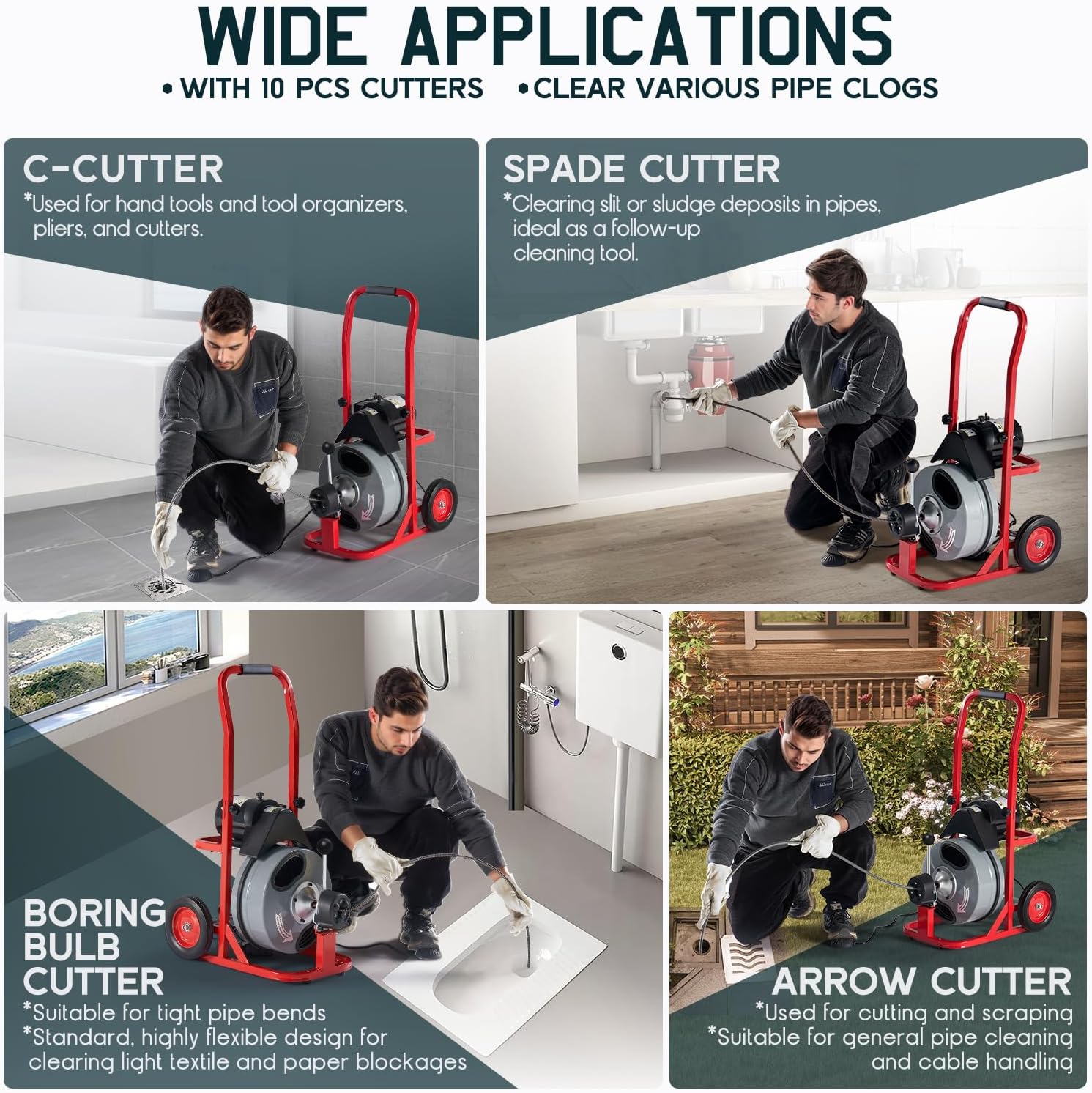 Albott 100 FT x 1/2 inch Electric Drain Cleaner Machine with Auto-Feed & 10 Cutters, Sewer Snake Auger for 1–4 Inch Pipes, Foot Switch & Wheels, Ideal for Home & Commercial Use, Gray/Red