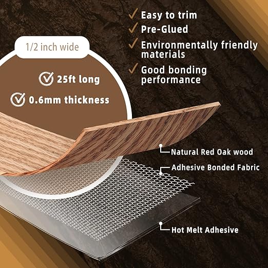 GSCIT Club Red Oak Edge Banding, 1/2 inch x 25ft roll of Veneer Edge Banding -Pre-glued Flexible, Real Wood Tape Banding for Cabinet Repair Furniture Restoration