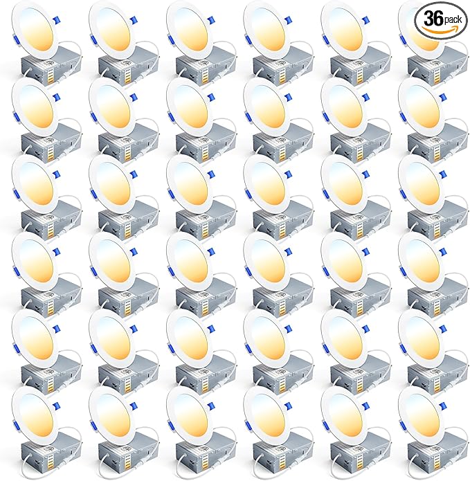 Ensenior 36 Pack 4 Inch LED Recessed Light, Dimmable, 2700K-5000K 5CCT, 750LM High Brightness, 9W 120V, Damp Rated, Ultra-Thin Canless Wafer Ceiling Light - ETL & FCC & IC
