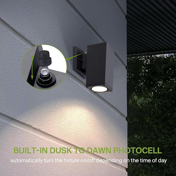 ASD 1 Light Square Dusk to Dawn Outdoor Wall Light Fixture | 60W E26 Bulb Socket 120V ETL Cylinder Up Down Lights | LED/CFL/Incandescent Bulb Wall Sconce | Front Door, Porch, Patio | Black, 2 Pack