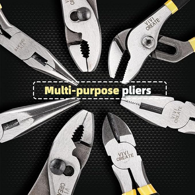 Vivicreate 7-Piece Pliers Set Heavy Duty Multipurpose Tools for Home Repair DIY Auto Electrical Work Includes Long Nose Slip Joint Linesman and Diagonal Pliers Alicates de Corte Herramientas