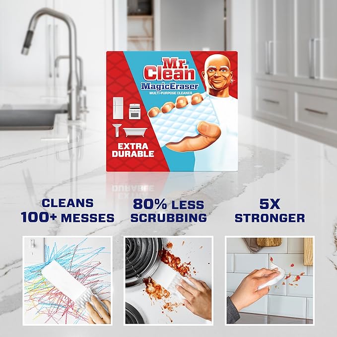 Mr. Clean Magic Eraser, Extra Durable, Multi Purpose Cleaner, Shoe, Bathroom, Shower, and Car Window and Windshield Cleaner, Cleaning Pads, 10 Count