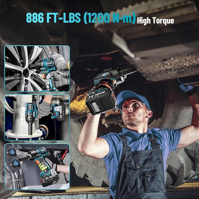 SEESII Impact Wrench 886 FT-LBS(1200N.m) 2900IPM 1/2 Impact Gun High Torque Electric Impact Driver Cordless Impact Wrench with 21V 2x4.0Ah Battery 5 Socket&Case for Home Car Tire Lug Nut Removal Tool